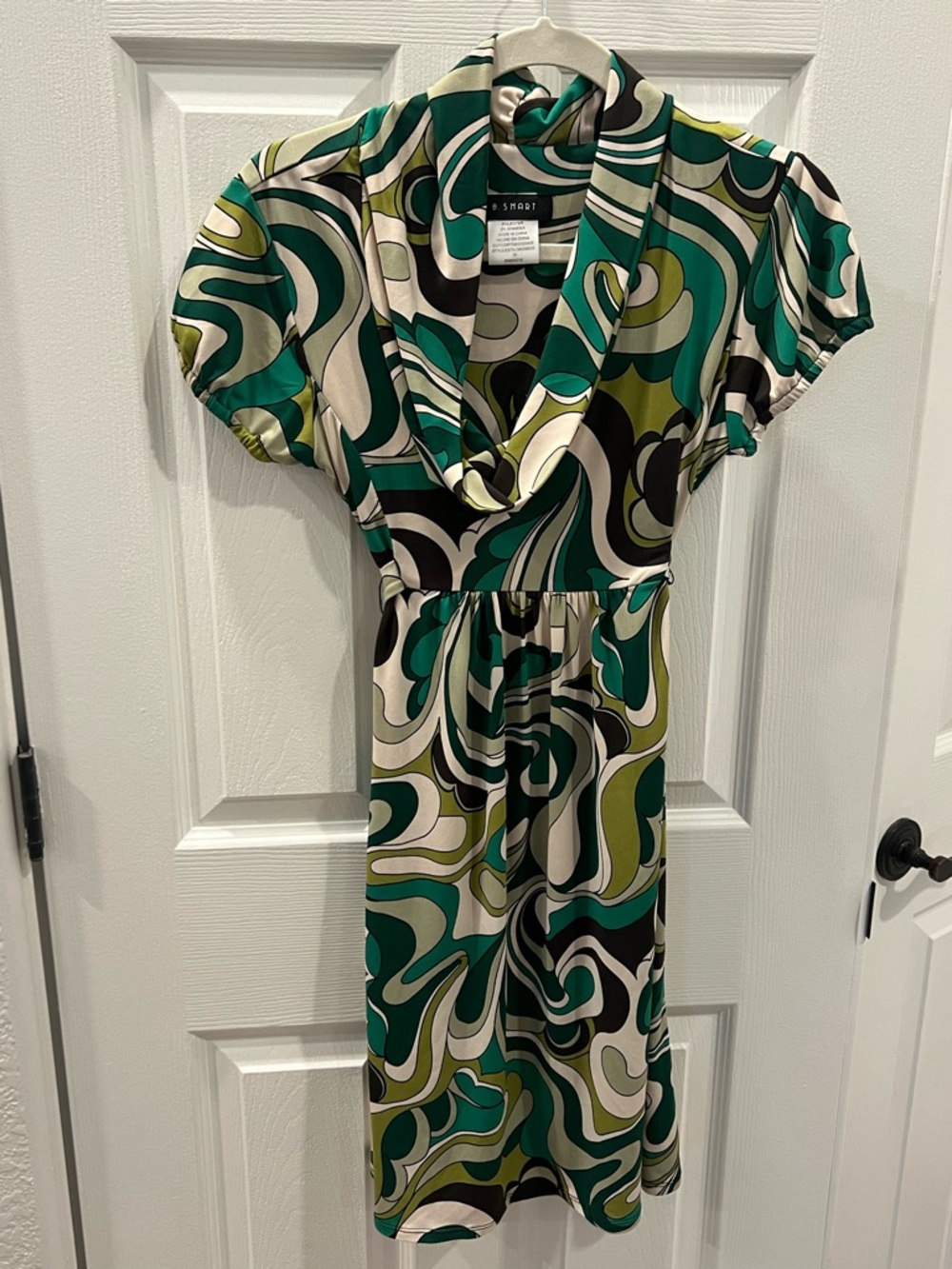 B. Smart Green & Cream Abstract Midi Wrap Dress
